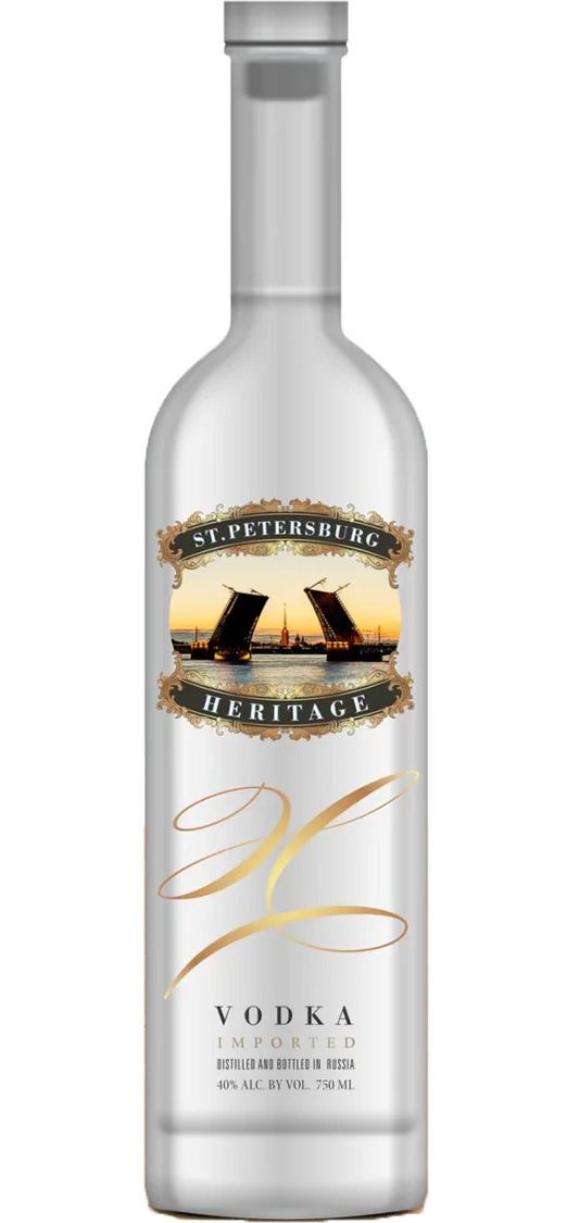 Premium 750ml bottle of St. Petersburg Heritage Ultra Premium Vodka, showcasing its crystal-clear appearance and elegant label detailing its Russian origins and luxury status, perfect for discerning vodka enthusiasts