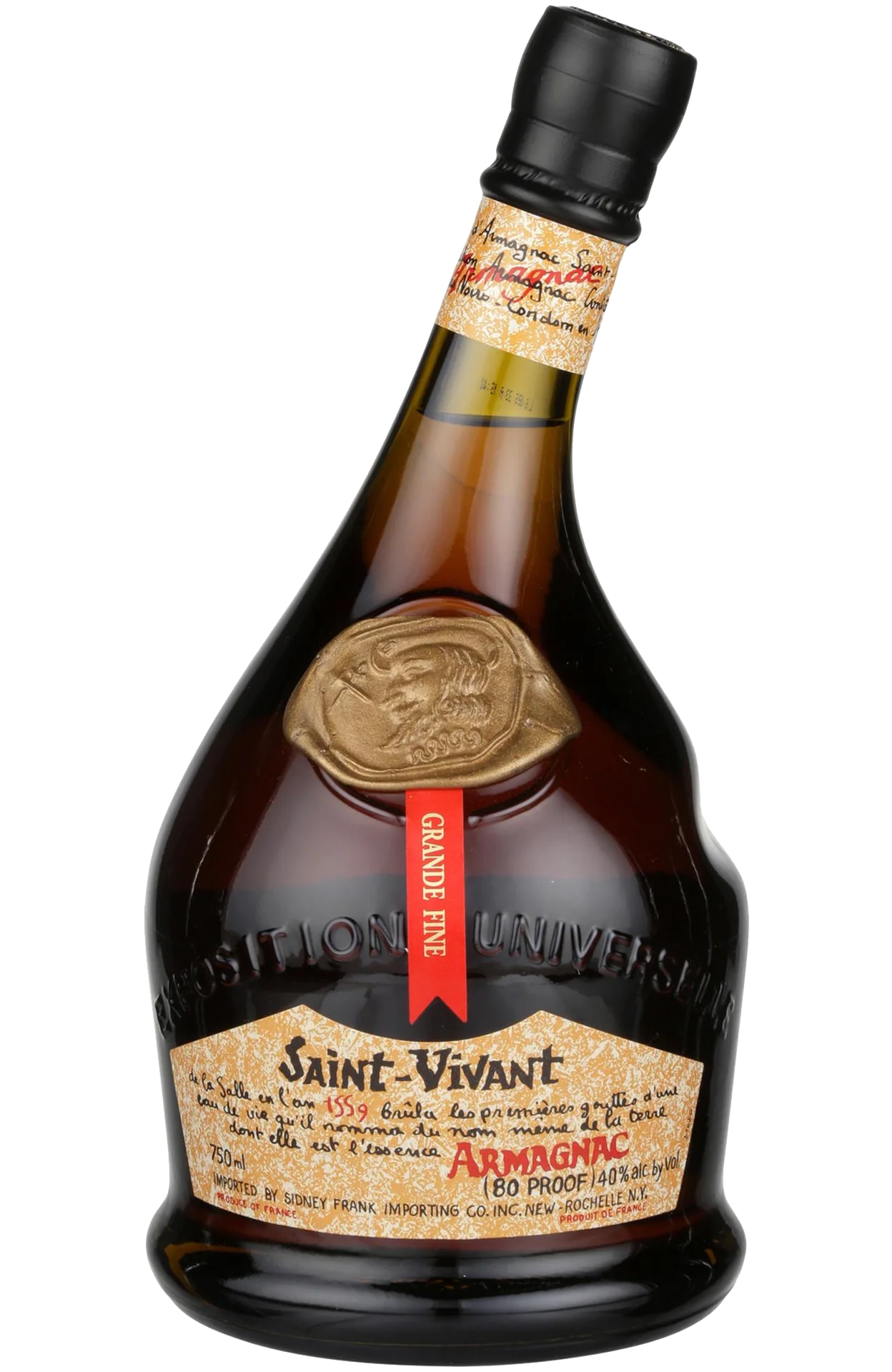 St Vivant Armagnac Grande Fine France 750ml, featuring an elegant bottle with traditional labeling, showcasing the rich, golden hue of the aged Armagnac within.
