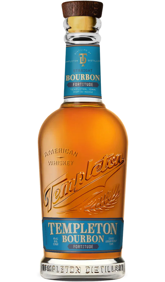 Templeton Bourbon Straight Fortitude Iowa 750ml bottle - A rich amber-colored bourbon bottle with a distinctive Templeton logo, showcasing the strength and character of this Iowa-made bourbon