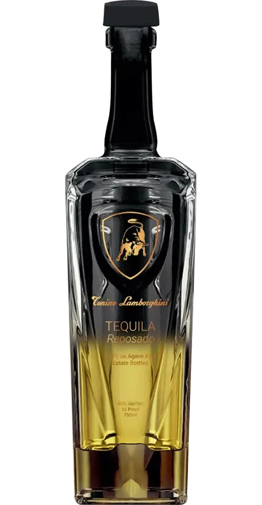 Tonino Lamborghini Tequila Reposado 750ml displayed in an elegant, clear glass bottle with sophisticated black and gold labeling, showcasing its premium, aged reposado tequila made from 100% blue agave.