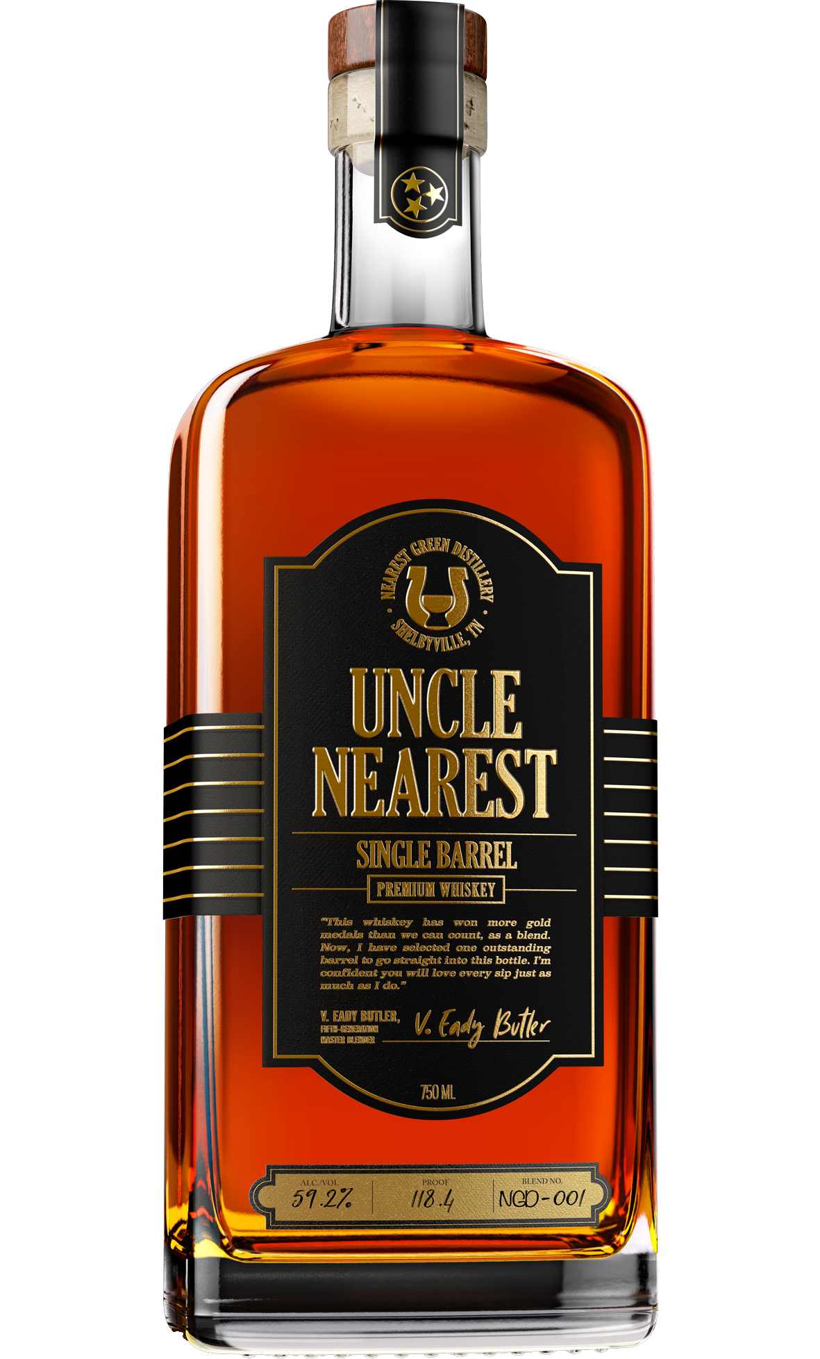 Uncle Nearest Single Barrel Whiskey 750ml, featuring a dark amber whiskey in a clear, elegantly labeled bottle, emphasizing its premium single barrel quality and rich American heritage.