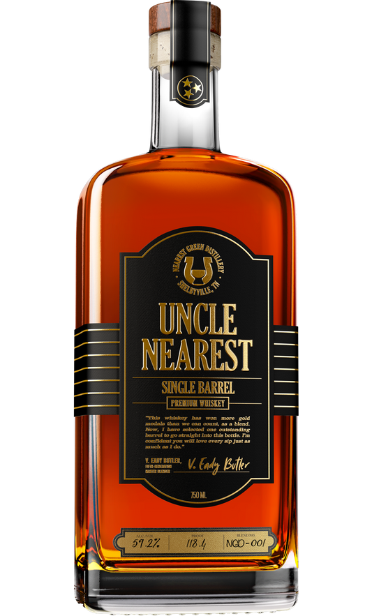 Uncle Nearest Single Barrel Whiskey 750ml, featuring a dark amber whiskey in a clear, elegantly labeled bottle, emphasizing its premium single barrel quality and rich American heritage.