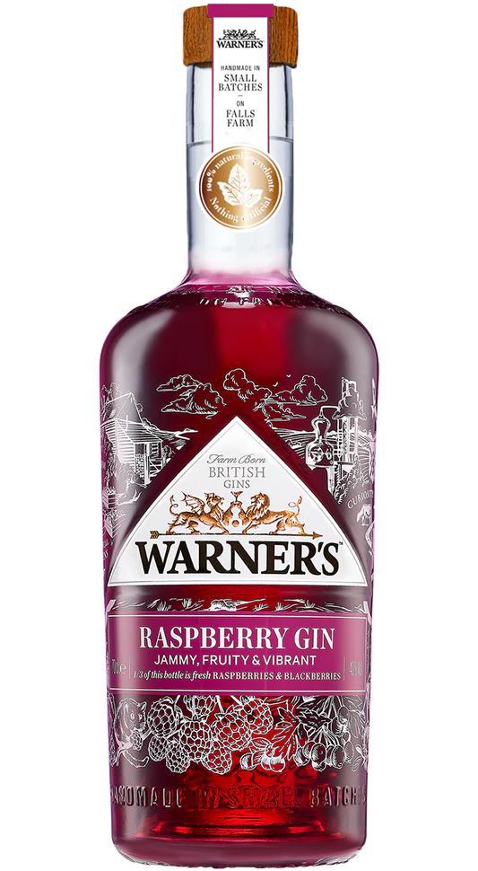 Warner's Raspberry Gin 750ml bottle on a background illustrating the English countryside, highlighting its natural raspberry infusion and artisanal English heritage