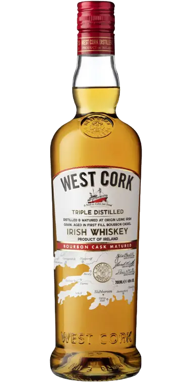 West Cork Whiskey IPA Cask Matured Irish 750ml bottle, featuring a sleek, dark label with prominent gold and green text against a clear glass bottle. The bottle is set against a backdrop of oak barrels, highlighting its unique IPA beer cask maturation process