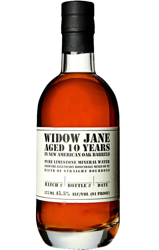 Widow Jane Bourbon Aged in American Oak Kentucky 10Yr 375ml, displayed in a distinctive, tall glass bottle with a dark label featuring elegant script and the Widow Jane logo, set against a backdrop of aged wooden barrels