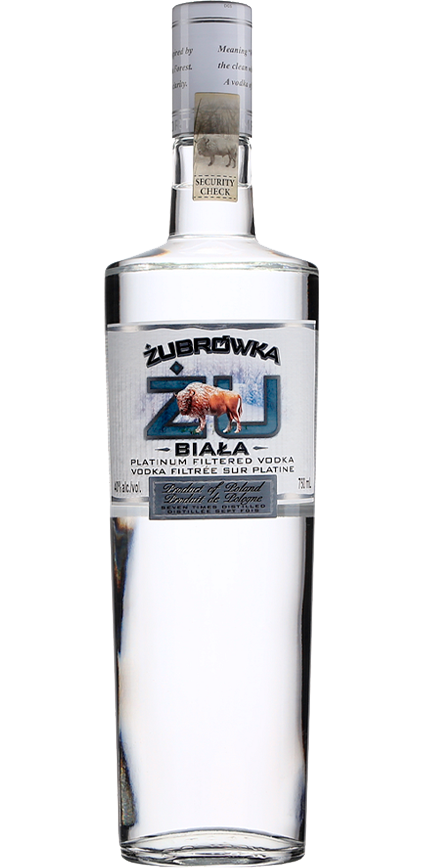 Zubrowka ZU Vodka Rye Polish 750ml, displaying a clear bottle with a distinctive green label and a single blade of Bison Grass inside, highlighting its unique herbal infusion.