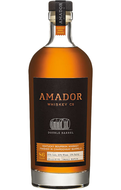 750ml bottle of Amador Bourbon Small Batch, double barrel finished in Chardonnay barrels, showcasing its rich amber hue, detailed with a sophisticated label noting its Kentucky origin and unique finishing process.