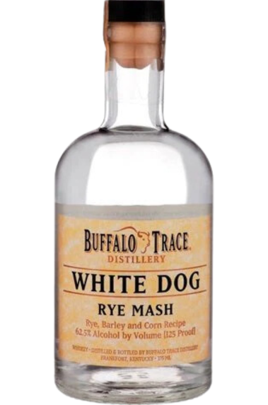 Buffalo Trace White Dog Whiskey Rye Mash, 125 proof, 375ml bottle. The label displays essential details about the high-proof, unaged rye whiskey, emphasizing its clear color and potent flavor profile