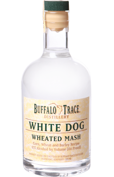 Buffalo Trace White Dog Whiskey Wheated Mash, 114 proof, 375ml bottle. The clear bottle showcases the transparent, unaged whiskey, highlighting its smooth wheated mash profile suitable for premium cocktails