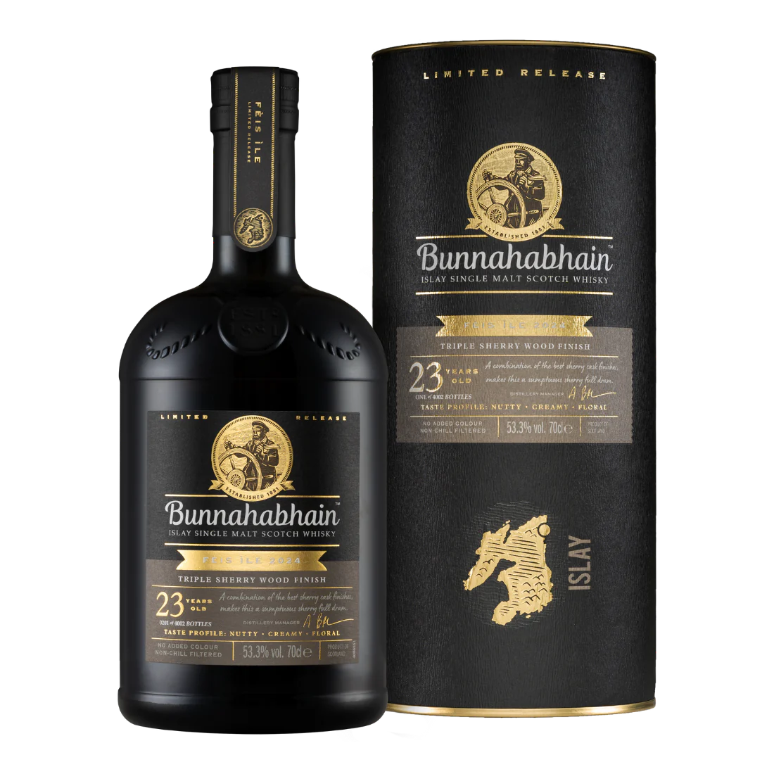 BUNNAHABHAIN SCOTCH SINGLE MALT TRIPLE SHERRY CASK FEIS ILE 2024 23YR 700ML LIQ