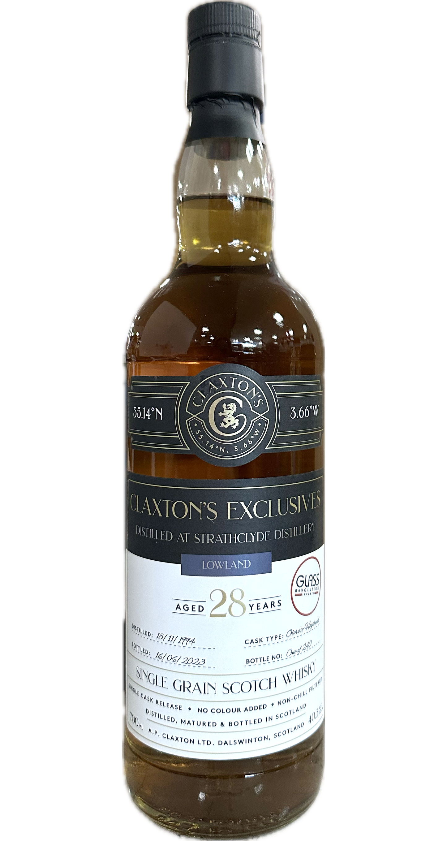 CLAXTONS EXCLUSIVES SCOTCH SINGLE GRAIN DISTILLED AT STRATHCLYDE LOWLAND 28YR 700ML LIQ