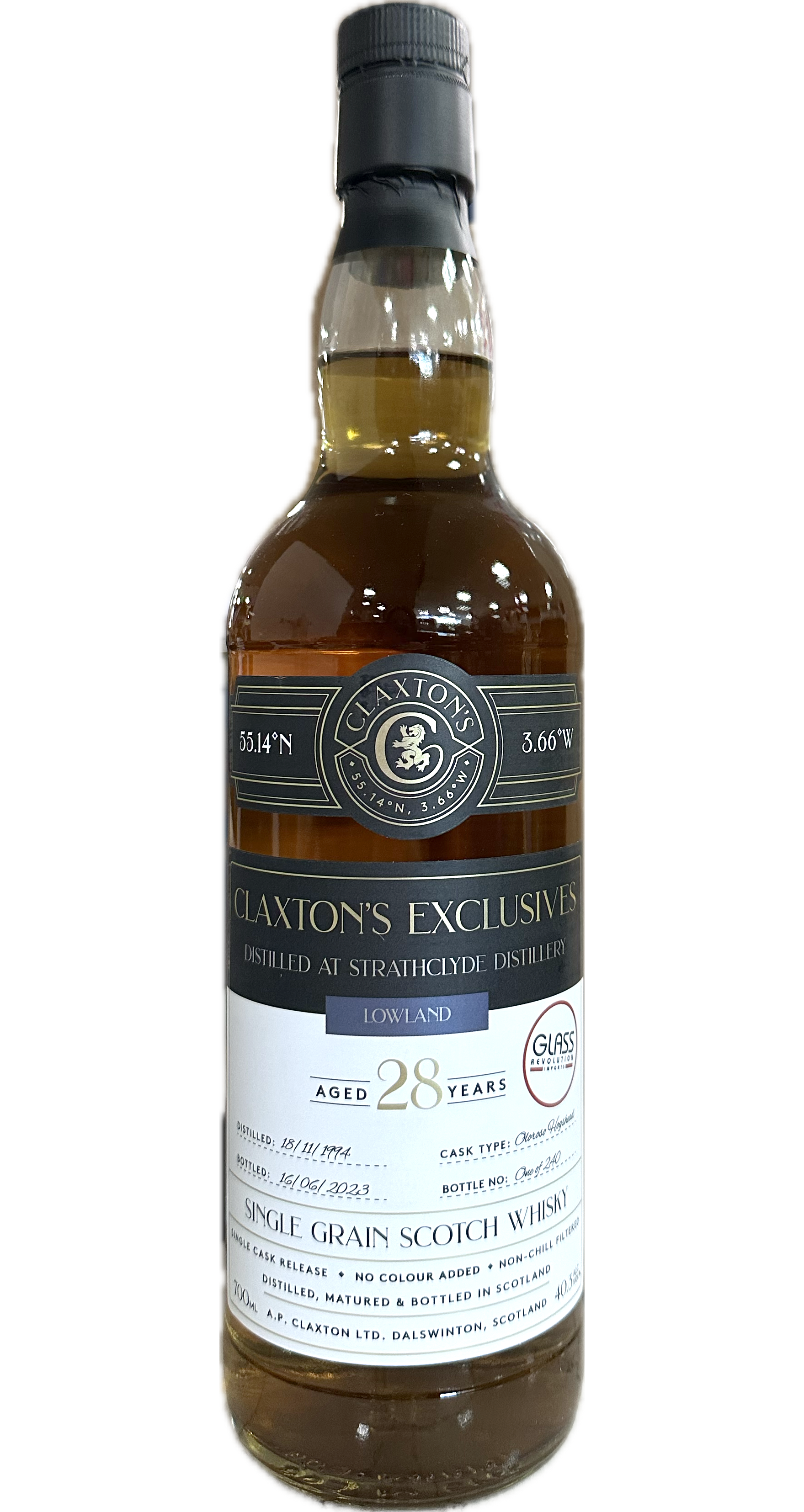 CLAXTONS EXCLUSIVES SCOTCH SINGLE GRAIN DISTILLED AT STRATHCLYDE LOWLAND 28YR 700ML LIQ