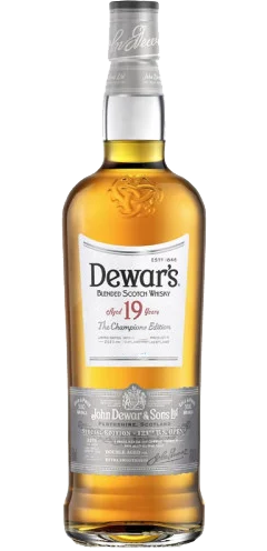 Image of DEWARS Scotch Blended Champions 2024 Edition 19YR 750ml bottle. The elegant bottle is adorned with a label celebrating the special edition, showcasing the aged Scotch's rich amber hue, perfect for whisky aficionados