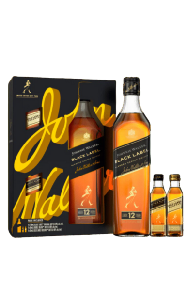 JOHNNIE WALKER SCOTCH BLENDED BLACK LABEL DISCOVERY PK W/ 2 50ML GOLD & DOUBLE BLACK 12YR 750ML LIQ