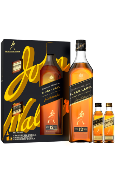 JOHNNIE WALKER SCOTCH BLENDED BLACK LABEL DISCOVERY PK W/ 2 50ML GOLD & DOUBLE BLACK 750ML