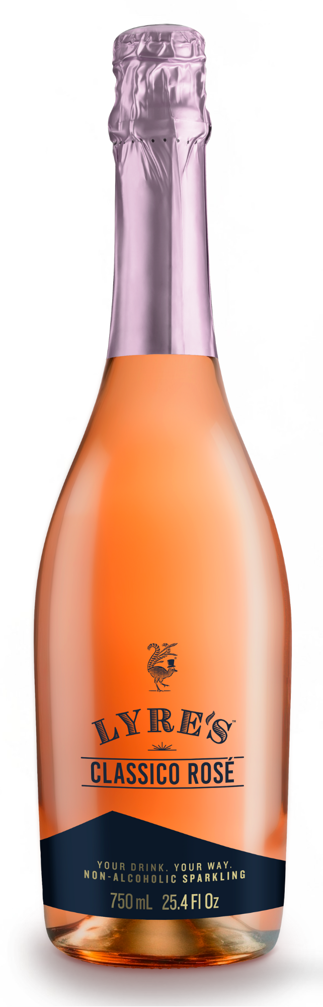 A bottle of Lyre's Classico Rose sparkling wine with two filled champagne flutes on a clean white background.