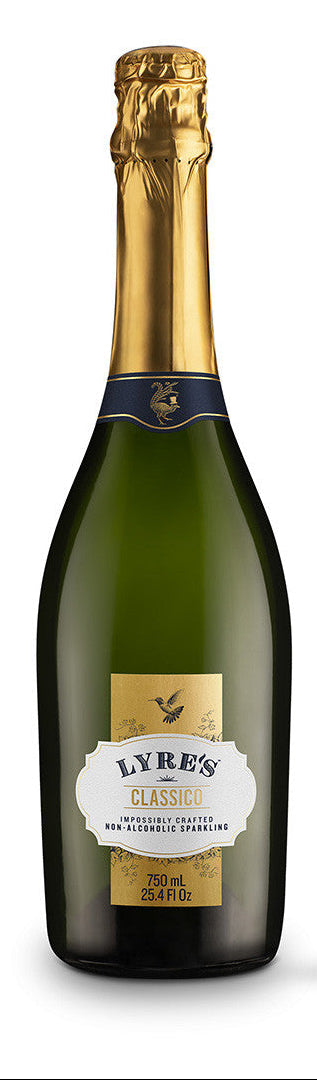 Bottle of Lyre's sparkling wine with two filled glasses on a white background