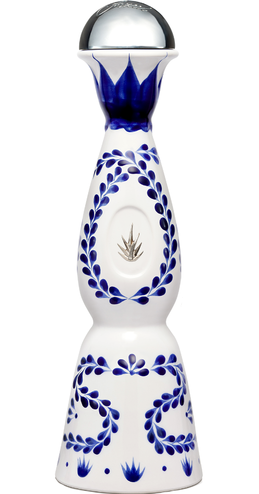 Clase Azul Tequila Reposado 750ML, featuring a hand-painted Talavera-style ceramic bottle with intricate blue patterns over a white background, filled with golden amber tequila.