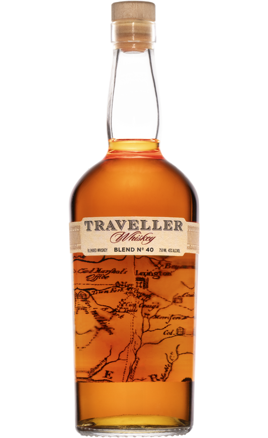 750ml bottle of Buffalo Trace Traveller Whiskey Blend No. 40, featuring a deep amber whiskey encased in a classic bottle with a distinctive label noting its origin in Kentucky and blend number.