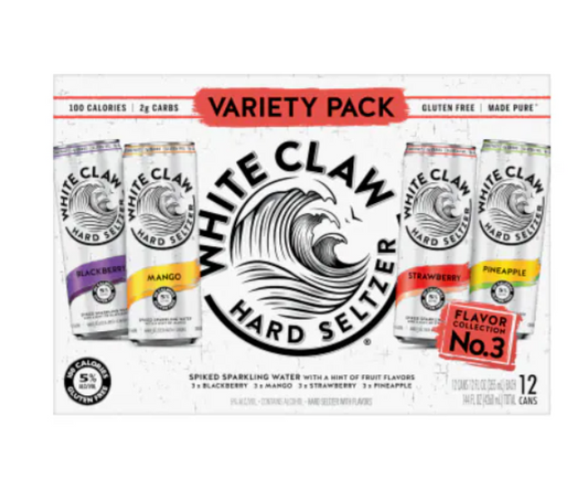 WHITE CLAW HARD SELTZER NO 3 VARIETY PACK STRAW, MANGO,BLACK, PINEAPPLE 12X12OZ CAN