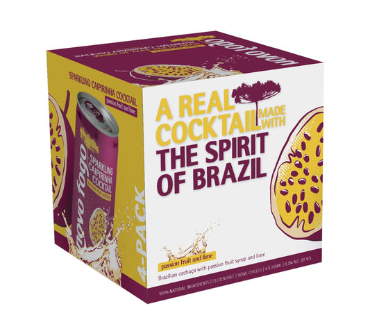 NOVO FOGO SPARKLING CAIPIRINHA COCKTAIL PASSION FRUIT AND LIME 4X200ML CAN Spirits