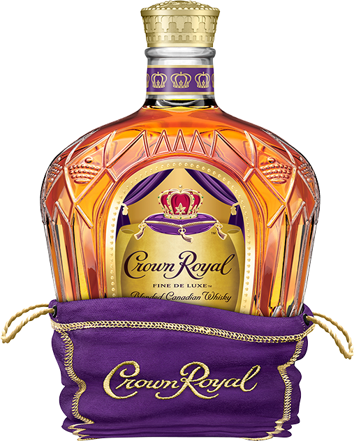 Crown Royal Canadian Whiskey 750ml, showing the distinctive purple velvet bag and embossed clear glass bottle filled with amber-colored whiskey, set against a neutral background.