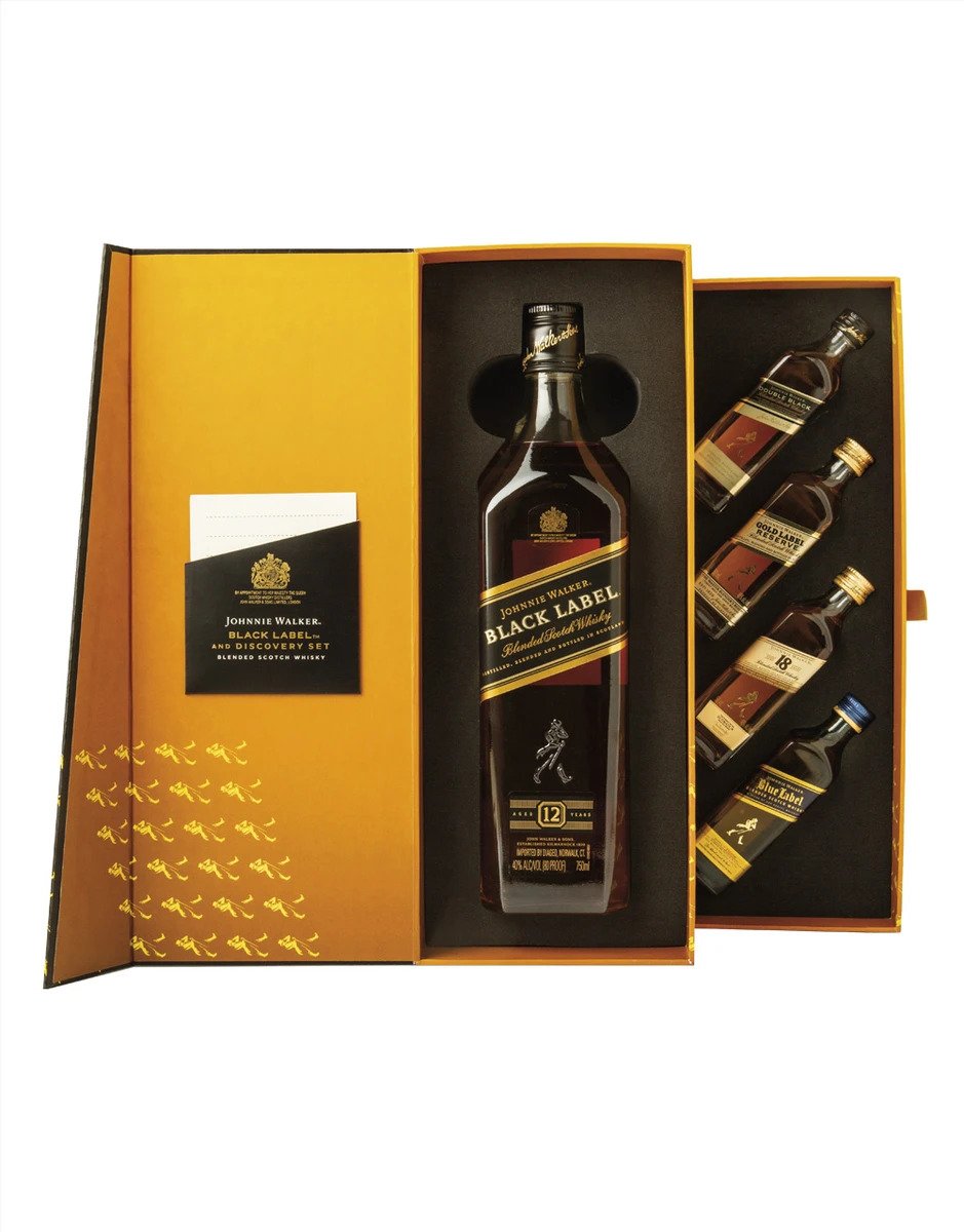JOHNNIE WALKER BLACK LABEL DISCOVERY SET (1X BLACK LABEL 750ML, 1X BLUE, 18YR GOLD, DOUBLE 4X50ML) - Remedy Liquor