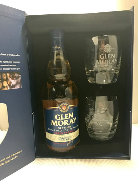 GLEN MORAY SCOTCH SINGLE MALT ELGIN CLASSIC SPEYSIDE GFT PK/ 2 ROCK GLASSES 750ML Spirits