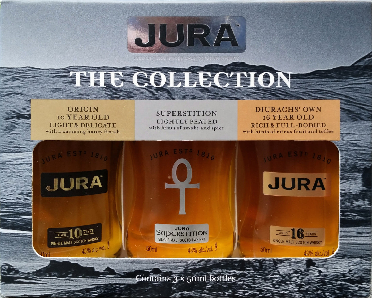JURA SCOTCH SINGLE MALT THE COLLECTION ORIGIN 16YR/ SUPERSTITION/ DIURACHS 16YR 3X50ML - Remedy Liquor