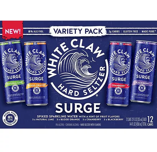 WHITE CLAW HARD SELTZER VARIETY PACK SURGE LIME BLOOD ORANGE CRAN & BLACK BERRY 12X12OZ CAN